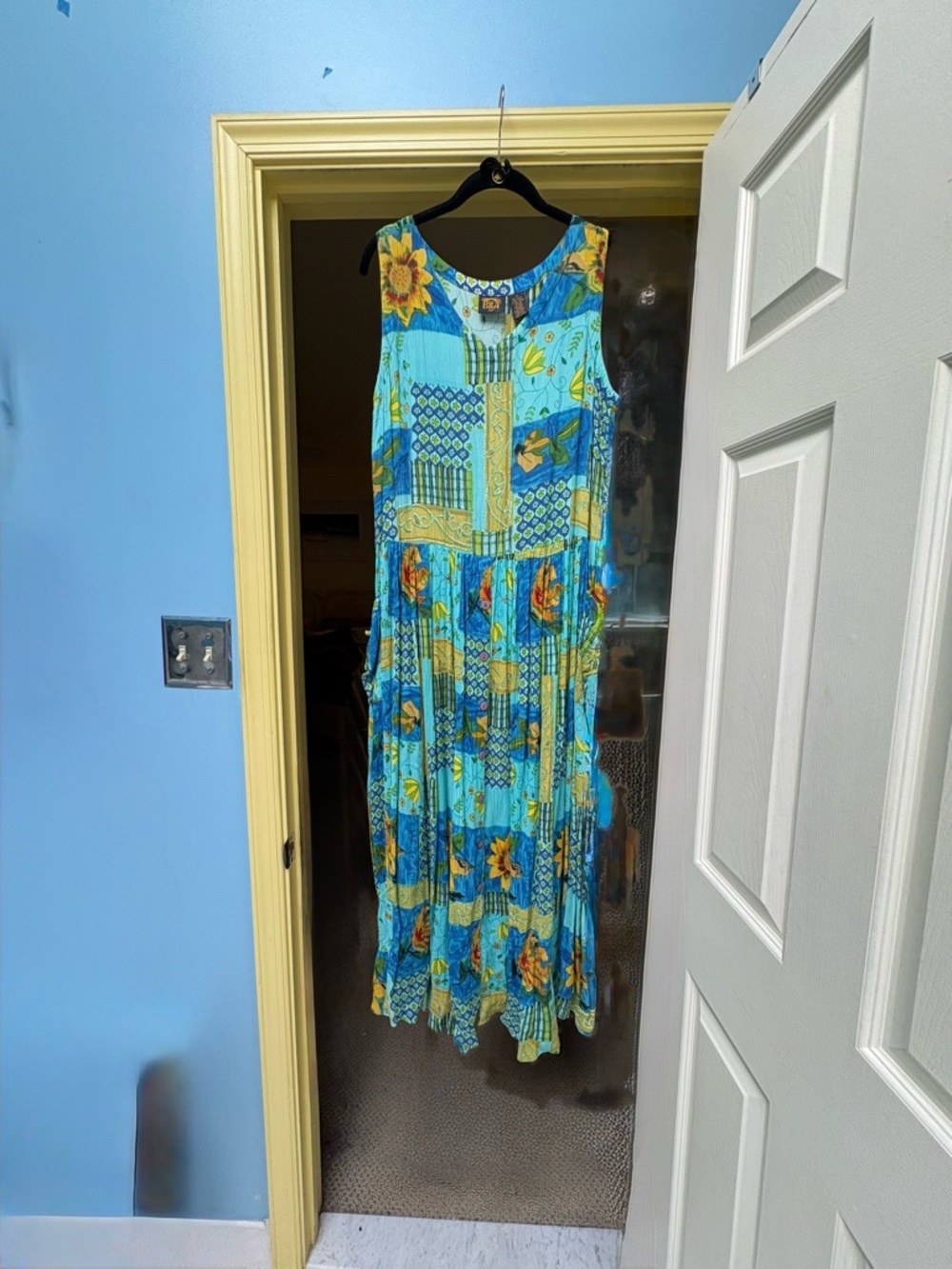 Vintage BILA Boho Flowy Sleeveless Pullover Patchwork Print Dress  Med.  EUC
